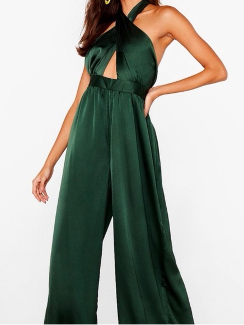 Nasty Gal Tall Deep Green Halter Cutout Satin Jumpsuit